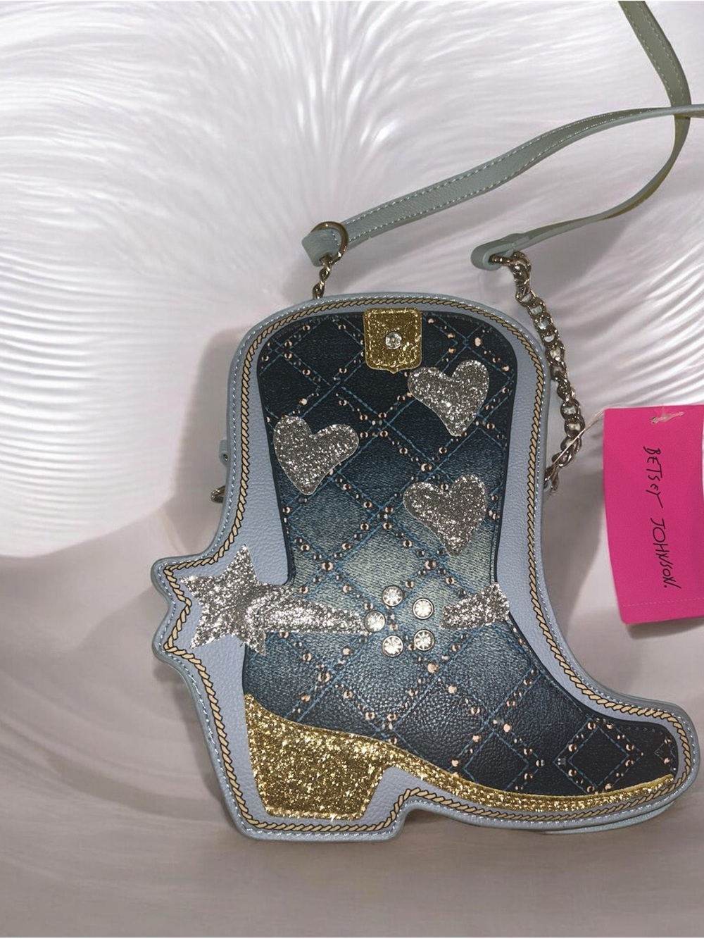 Betsey Johnson Light Blue and Gold Cowboy Boot Crossbody Bag with Silver Glitter
